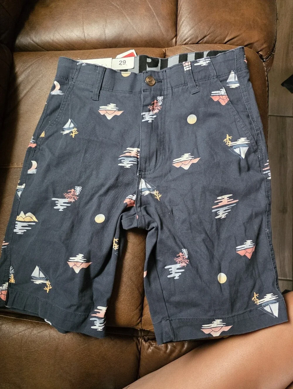Pull&Bear Navy Printed Flat-Front Shorts with Coral and Yellow Accents